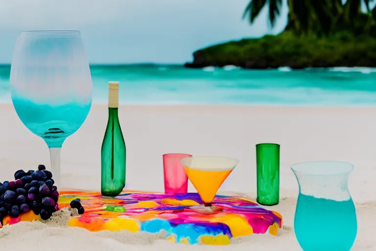 Prompt: colorful wine glass on a colorful tropical minimalist white table on the sandy beach with sea foam waves