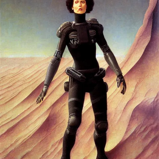 Prompt: masterpiece full body portrait Ripley on Dune, by Edgar Maxence and Ross Tran and Michael Whelan and Gustav Klimpt