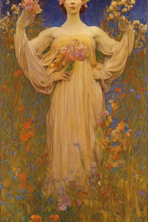 Image similar to queen of the springtime, by Annie Swynnerton and Nicholas Roerich and jean delville, dramatic cinematic lighting , ornate headdress , flowing robes, lost civilizations, smooth, sharp focus, extremely detailed