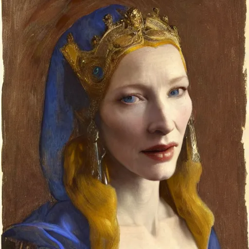 Image similar to cate blanchett by Annie Swynnerton and Nicholas Roerich and Vermeer, strong dramatic cinematic lighting , ornate headdress , lost civilizations, smooth, sharp focus, extremely detailed