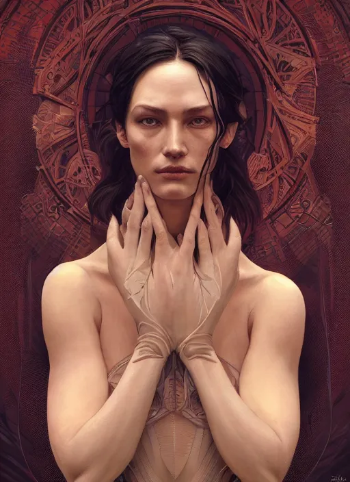 Image similar to symmetry!! altered carbon, machine parts embedded into face, intricate, elegant, highly detailed, digital painting, artstation, concept art, smooth, sharp focus, illustration, art by artgerm and greg rutkowski and alphonse mucha, 8 k