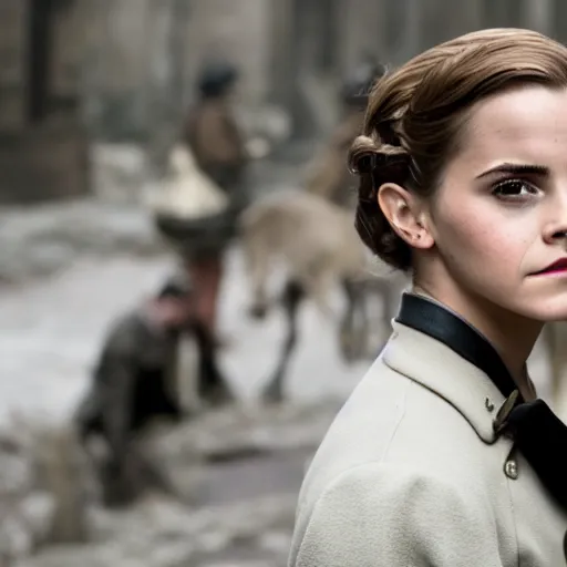 Image similar to Emma Watson in Inglorious Basterds, Movie still, XF IQ4, 50mm, F1.4, studio lighting, professional, 8K, Look at all that detail!