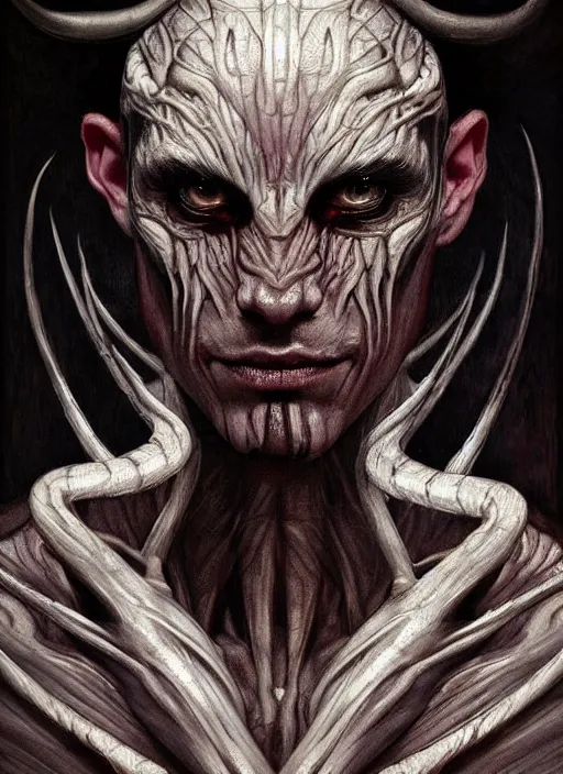Prompt: half demon half human man intricate skin pattern texture, elegant, peaceful, playful full body, white horns, hyper realistic, extremely detailed, dnd character art portrait, dark fantasy art, intricate fantasy painting, dramatic lighting, vivid colors, deviant art, artstation, by edgar maxence and caravaggio and michael whelan and delacroix by h. r. giger