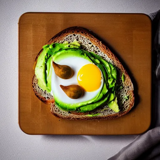 Image similar to duck egg, avocado, swiss cheese on toast. studio lighting.