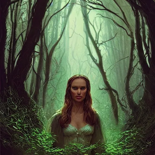 Prompt: Natalie Portman as a beautiful ancient witch in the forest by a fire at night, Darrell K Sweet, artstation, concept art, digital art, Michael Whelan, cinematic, mysterious