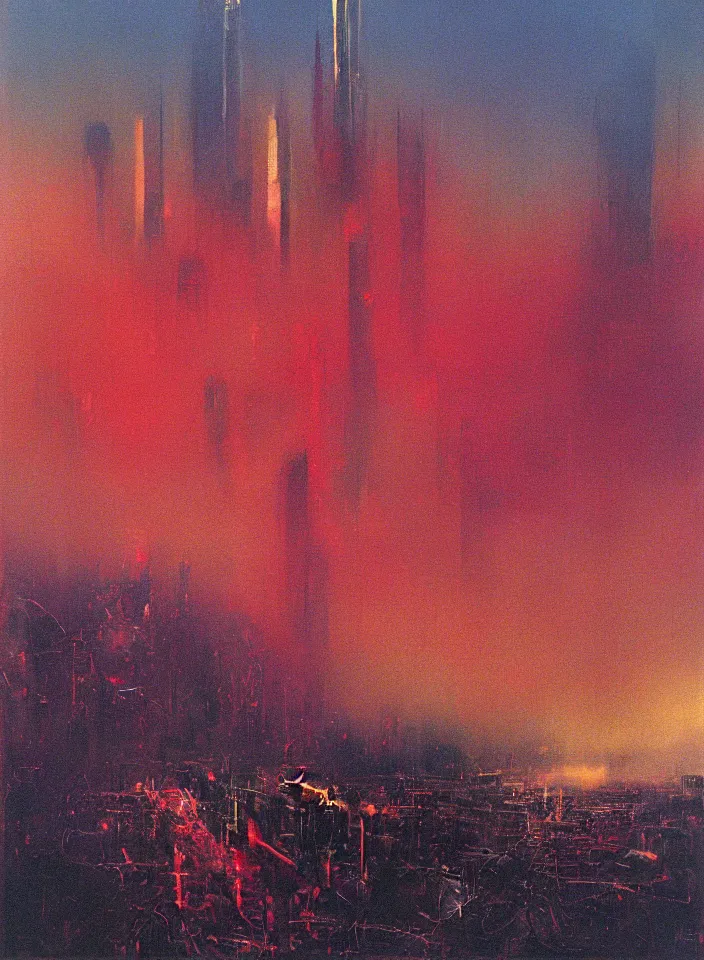 Prompt: 9 / 1 1 terror attack, red and purple palette, volume light, fog, by wayne thiebaud by ( h. r. giger ) and paul lehr