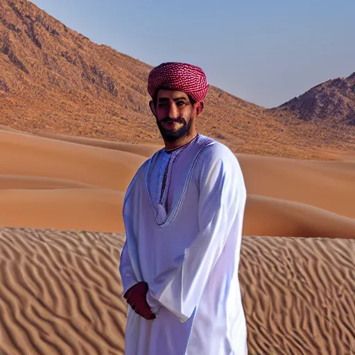 Image similar to realistic photo of omani man wearing traditional clothes standing in a desert