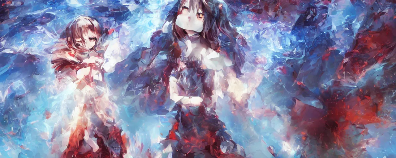 Image similar to advanced digital anime art, a very cute gorgeous teenage girl made of fire and ice with red fiery watery eyes glancing over her left shoulder wearing a dress made of water is walking through an apocalyptic burning city, cinematic lighting, medium shot, mid-shot, trending on pixiv, Artstation, Sakimimichan