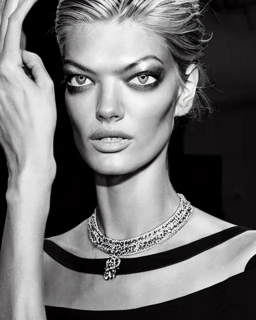 Image similar to A beautiful portrait of Martha Hunt as a Pucci fashion model Spring/Summer 2012, highly detailed, in the style of cinematic, Getty images, Milan fashion week backstage, Makeup by Pat McGrath, Hair by guido palau, Greg rutkowski