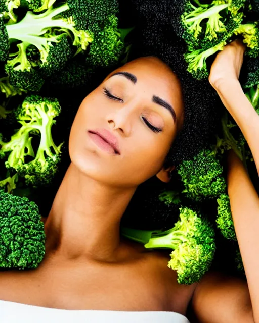 Prompt: a portrait of a woman lying down, with broccoli hair, against a background of vegetables, high definition, 50mm, bokeh, vibrant