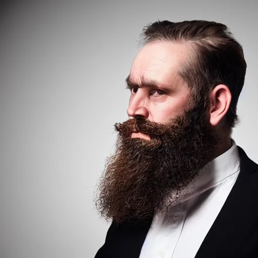 Image similar to 🤨 🤨 🤨 a posh bearded man with a very skeptical and sarcastic expression, one raised eyebrow, head tilted downward, professional photography, studio lighting, dark background