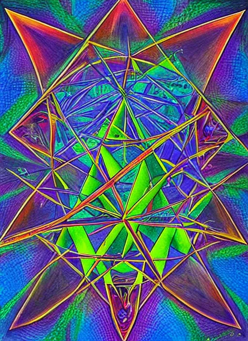 Image similar to star tetrahedron, psychedelic art, ray tracing, alex grey