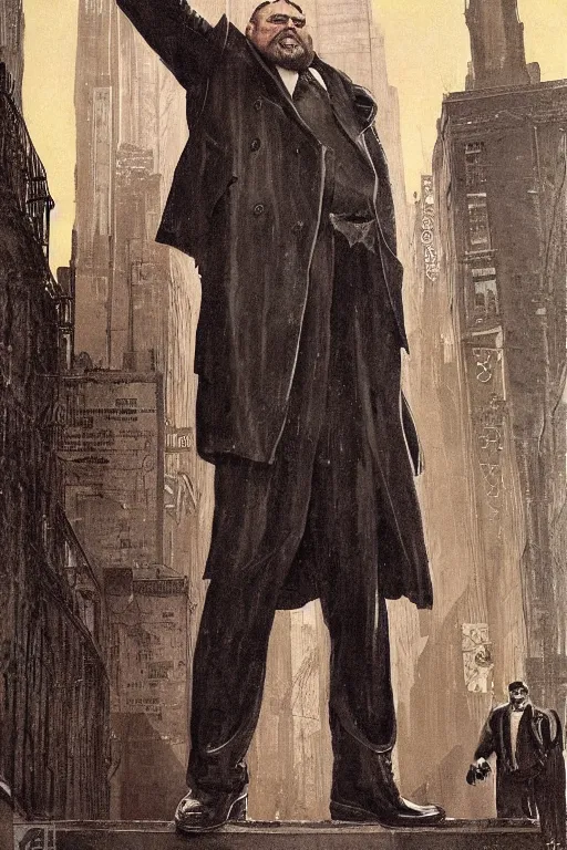 Image similar to full length portrait of eddie hall as a huge tall hulking marvel gangster wearing a leather trench coat standing on street 1 9 3 0 s new york, by lawrence alma tadema and zdzislaw beksinski and norman rockwell and jack kirby and tom lovell and greg staples and michael alford