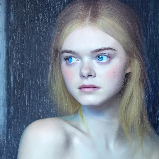 Prompt: Elle Fanning at the pool in the world of Jamie Coreth, head and shoulders portrait, stormy weather, extremely detailed masterpiece, oil on canvas, low-key neon lighting, artstation, Blade Runner 2049, Roger Deakin’s cinematography, by J. C. Leyendecker and Peter Paul Rubens and Edward Hopper and Michael Sowa,