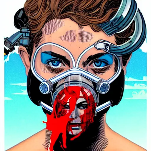 Image similar to a profile photo of an saint with a diving oxygen mask with side profile blood in ocean intricate details by MARVEL comics and Sandra Chevrier-C