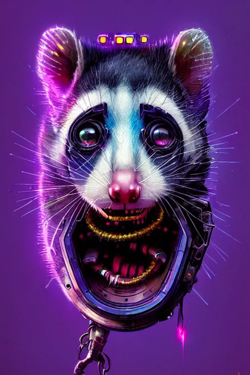 Image similar to a beautiful portrait of a cute cyberpunk opossum screaming by sandra chevrier and greg rutkowski and wlop, purple blue color scheme, high key lighting, volumetric light, digital art, highly detailed, fine detail, intricate, ornate, complex, octane render, unreal engine, photorealistic