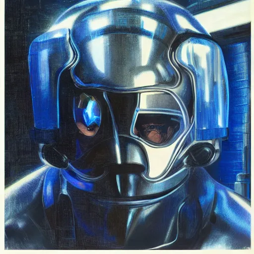 Image similar to sylvester stallone in blue metal cyber suit, tech noir, wet reflections, prism, atmospheric, ambient, pj crook, syd mead, livia prima, greg rutkowski, edward hopper