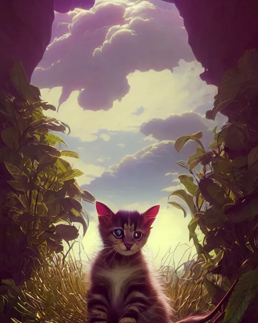 Image similar to highly detailed surreal vfx portrait of a majestic kitten, stephen bliss, unreal engine, greg rutkowski, loish, rhads, beeple, makoto shinkai and lois van baarle, ilya kuvshinov, rossdraws, tom bagshaw, alphonse mucha, global illumination, detailed and intricate environment