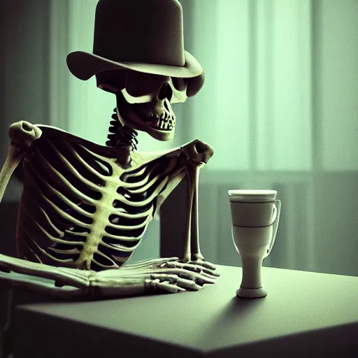 Image similar to smirking good skeleton drinking tea. deep in a dark dungeon. realistic, ray tracing, render 3 d, artstation, masterpiece, hyper realism, sharp focus, dramatic ambient light, close up, cinematic, octane render, noir light style