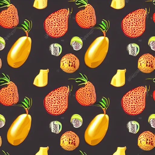 Image similar to repeating wallpaper pattern of fruit. Cinematic, volumetric lighting. Scene from 1971 film Willy Wonka & the Chocolate Factory