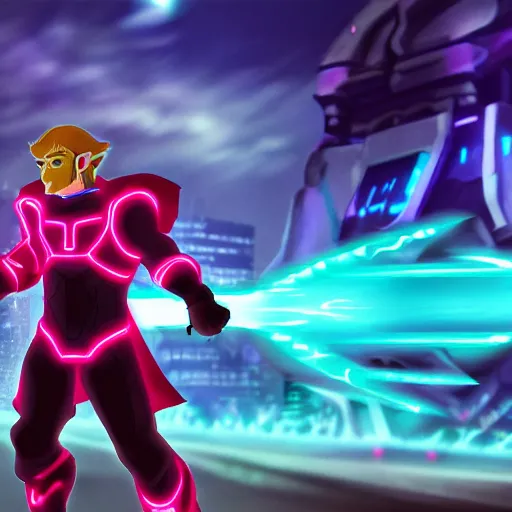 Image similar to Ganondorf in the style of Tron Legacy with glowing neon battle armor, wielding a lage neon fantasy greatsword, tron style city in the background, digital art