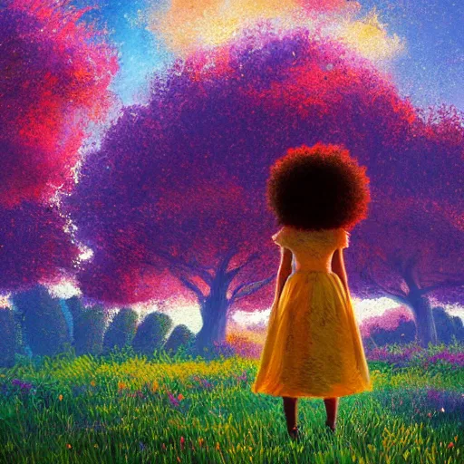 Prompt: girl with flower afro, standing in a field with flowers, hills, big trees, sunrise dramatic light, impressionist painting, colorful clouds, digital painting, pointillism, artstation, simon stalenhag