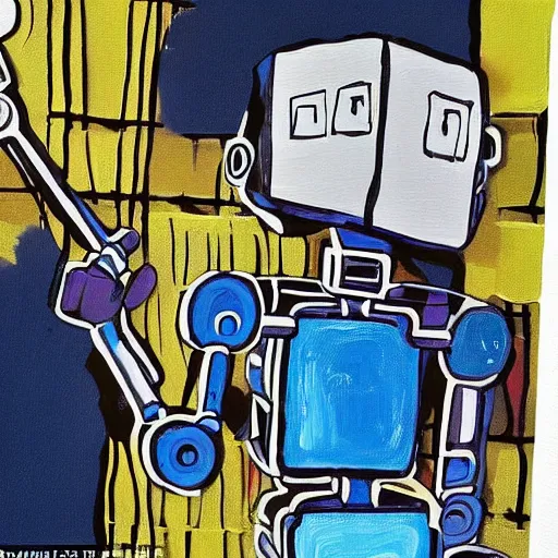 Prompt: A painting robot that creates images is tired and starts to sleep. He holds brushes in each hand. Around him a crowd of people grows impatient that he wakes up to create images again