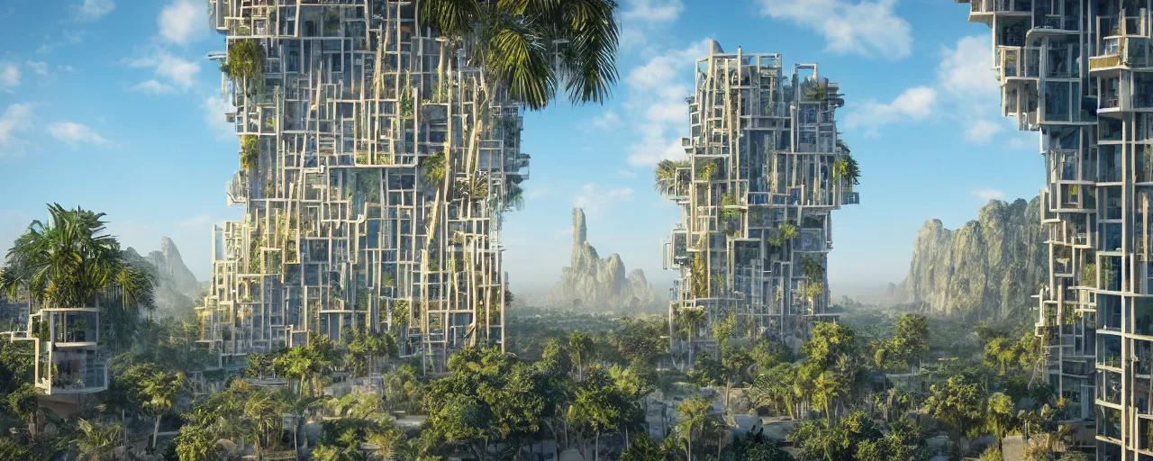 Image similar to contemporary golden babylon tower, sacred ancient architecture, hanging gardens, cascading highrise, arid mountains with lush palm forest, sunlight, post - production, octane, cgi, sfx