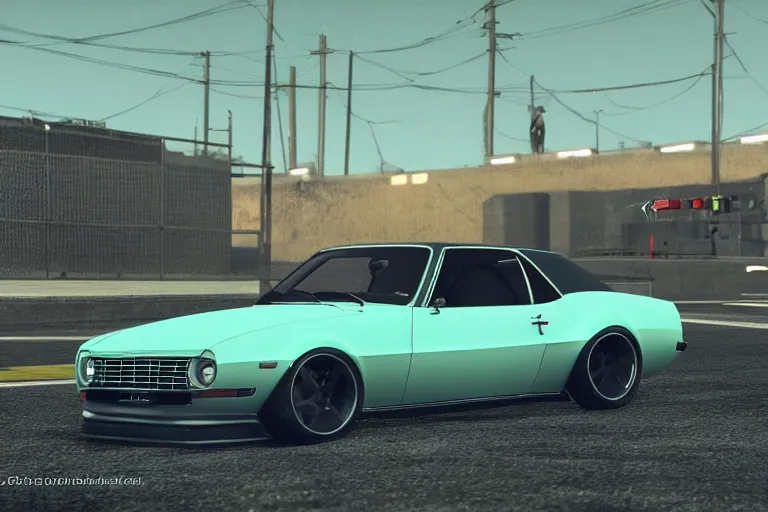 Prompt: audi camaro b 1 ( 1 9 6 9 ) drifting, need for speed : carbon, neon lines, ultra phonk, phonk music background, smoke behind wheels, noise, dark, establishing shot, through the streets of riften