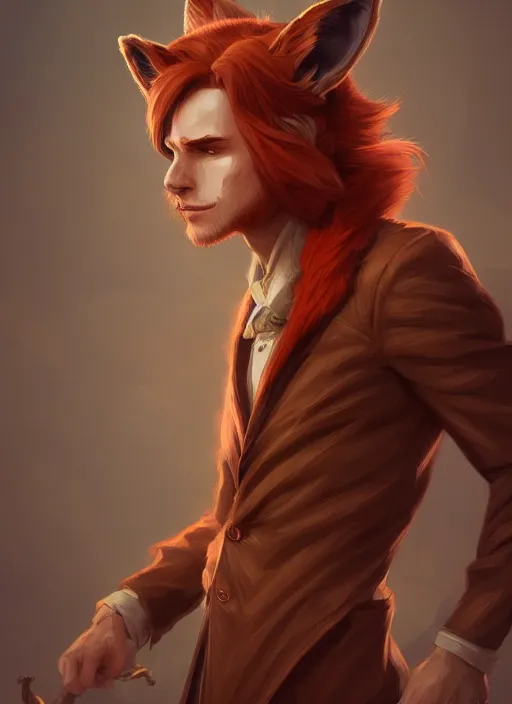 Prompt: a highly detailed illustration of attractive young red haired man with fox ears wearing brown suit, dramatic pose, intricate, elegant, highly detailed, centered, digital painting, artstation, concept art, smooth, sharp focus, league of legends concept art, wlop