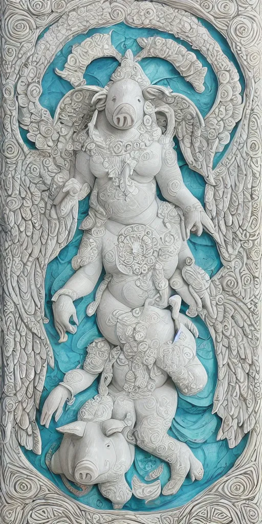 Image similar to intricate colourfully painted carved Soapstone relief paneling, white and pale blue , celestial, pig, piglet, piggy, pig goddess, mother earth, Earth Goddess mythology, Gaia, angels, divinity, Ghostly, crystaline celtic, insanly detailed , artstation, wallpaper, hyper realistic, realistic lighting