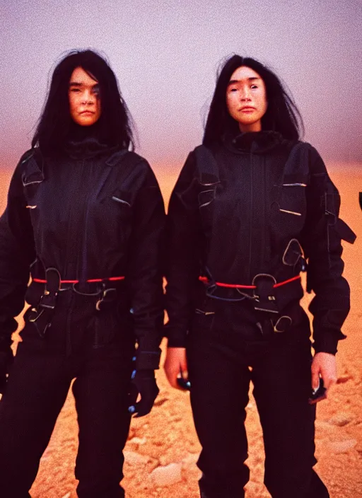 Prompt: cinestill 5 0 d photographic portrait of two loving clones, women wearing rugged black techwear on a desolate plain with a red sky, closeup, diverse species, cyberpunk, in front of a brutalist dark metal facility, dust storm, 3 5 mm, 8 k, depth of field, high resolution, ultra realistic faces