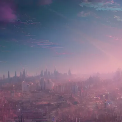 Image similar to pastel, baroque utopian cityscape in the sky, sci-fi, dreamlike, surreal, angels, soft lights, cinematic, 8k, by Ghibli,