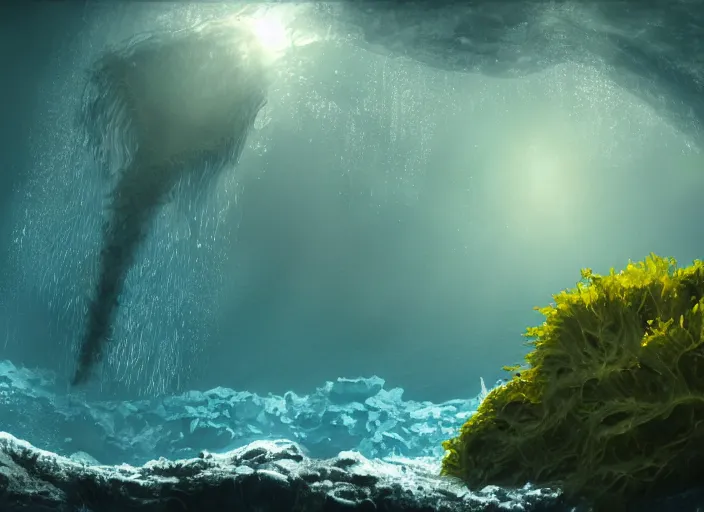 Image similar to lush underwater kelp forest ecosystem beneath the ice of europa, alien plants and fish, award winning photograph, concept art trending on artstation
