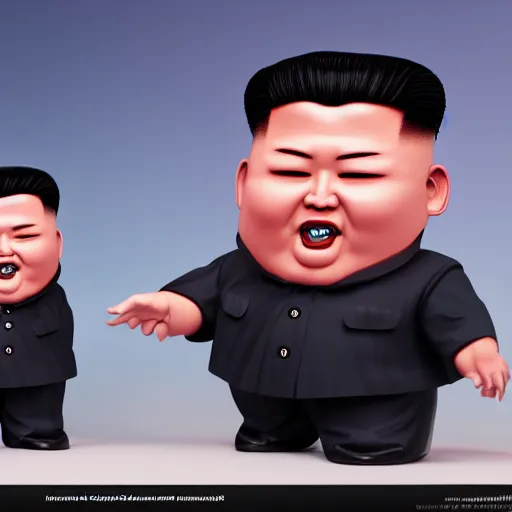 Image similar to kim jong un doll being chased by screaming bob ross doll octane render