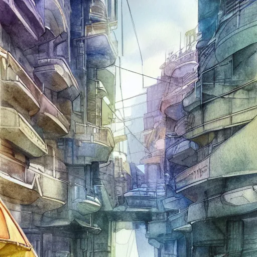 Image similar to Narrow cosy waterway in futuristic sci-fi city in harmony with nature. Nice colour scheme, soft warm colour. Beautiful detailed watercolor by Lurid. (2022)