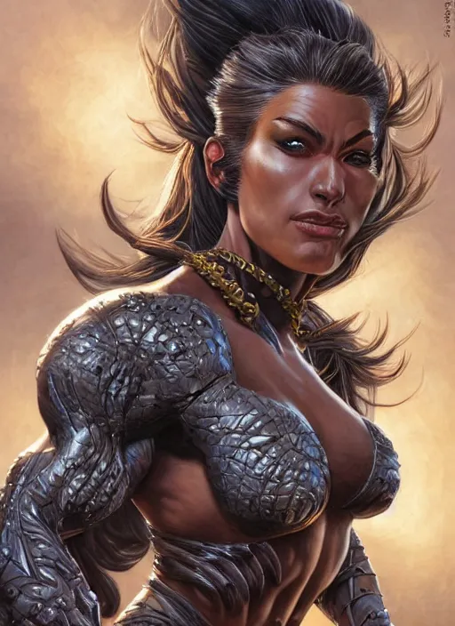 Image similar to very muscled Amazon cat girl as a ruggedly mean looking heroine, intricate, elegant, highly detailed, centered, digital painting, artstation, concept art, smooth, sharp focus, illustration, art by artgerm and donato giancola and Joseph Christian Leyendecker, WLOP