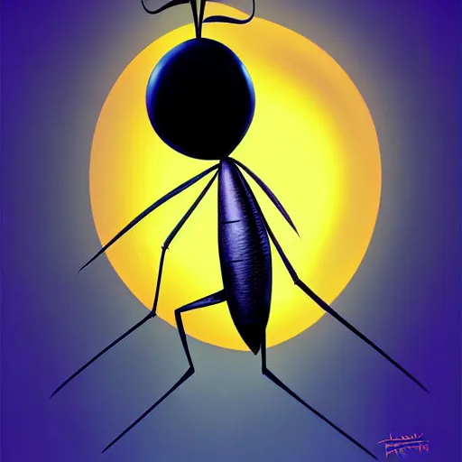Prompt: curved perspective, digital art of a thin cockroach cartoon character with long antennae, wearing a black suit by anton fadeev from nightmare before christmas