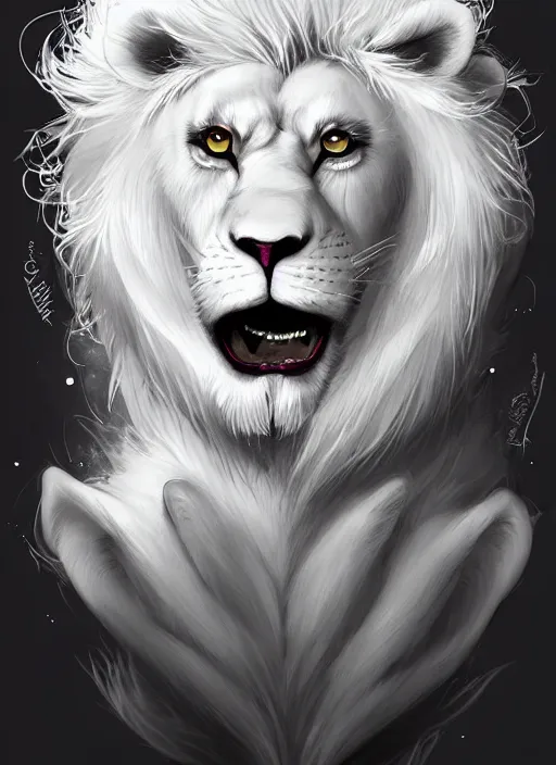 Image similar to award winning beautiful portrait commission of a male furry anthro albino lion fursona with a tail and a cute beautiful attractive detailed furry face wearing rockstar clothes on a live stage. Character design by charlie bowater, ross tran, artgerm, and makoto shinkai, detailed, inked, western comic book art