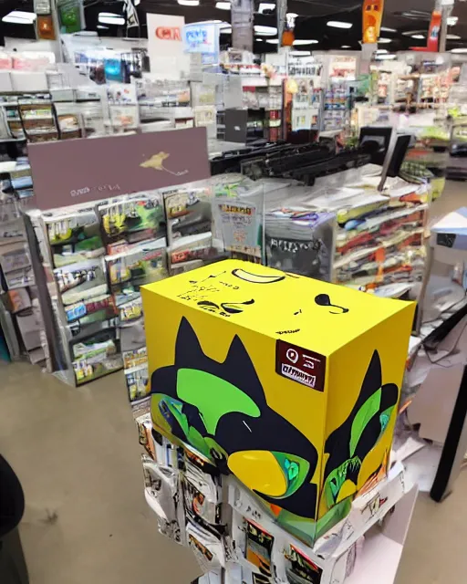 Image similar to Photo of a GPU box sitting on a store shelf in microcenter with a silly artwork of a cat flying a UFO printed on the box