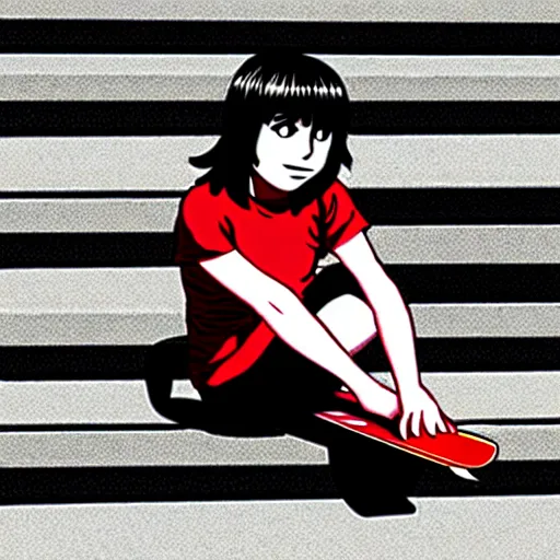 Image similar to skater girl sitting on steps by scott pilgrim, by bryan lee o'malley