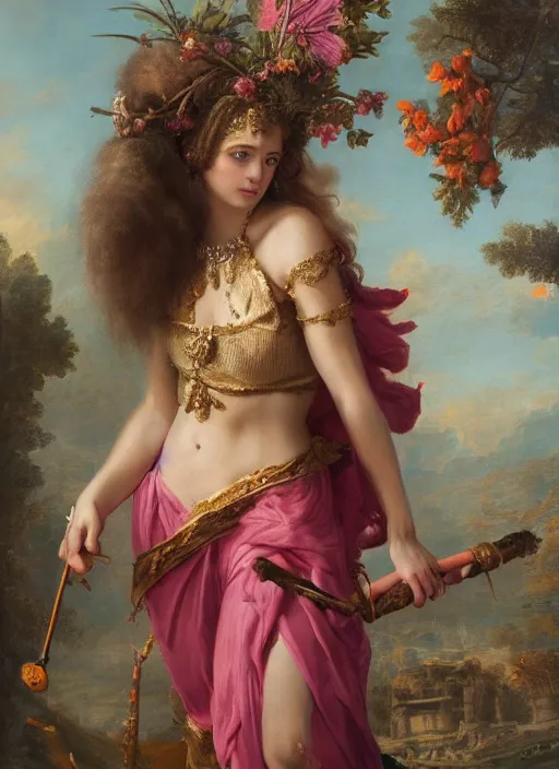 Prompt: A super-detailed portrait of the young bacchante with Thrysos staff by Max Nonnenbruch