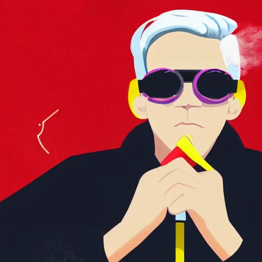 Prompt: young man in red jacket and white shirt, white hair, round goggles, smoking cigarette, character portrait, sharp focus, illustration