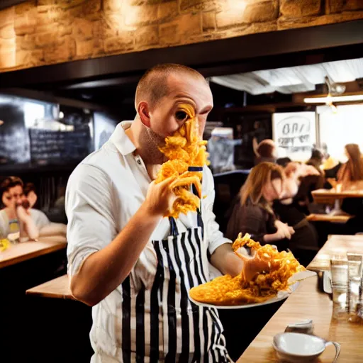 Image similar to a man standing in a busy restaurant while mac n' cheese projectile vomits from his open mouth. The cheese is everywhere. Photograph.