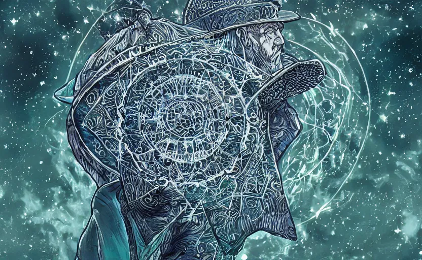 Image similar to wizard with the universe as a pattern on his hat, hd, highly detailed, intricate