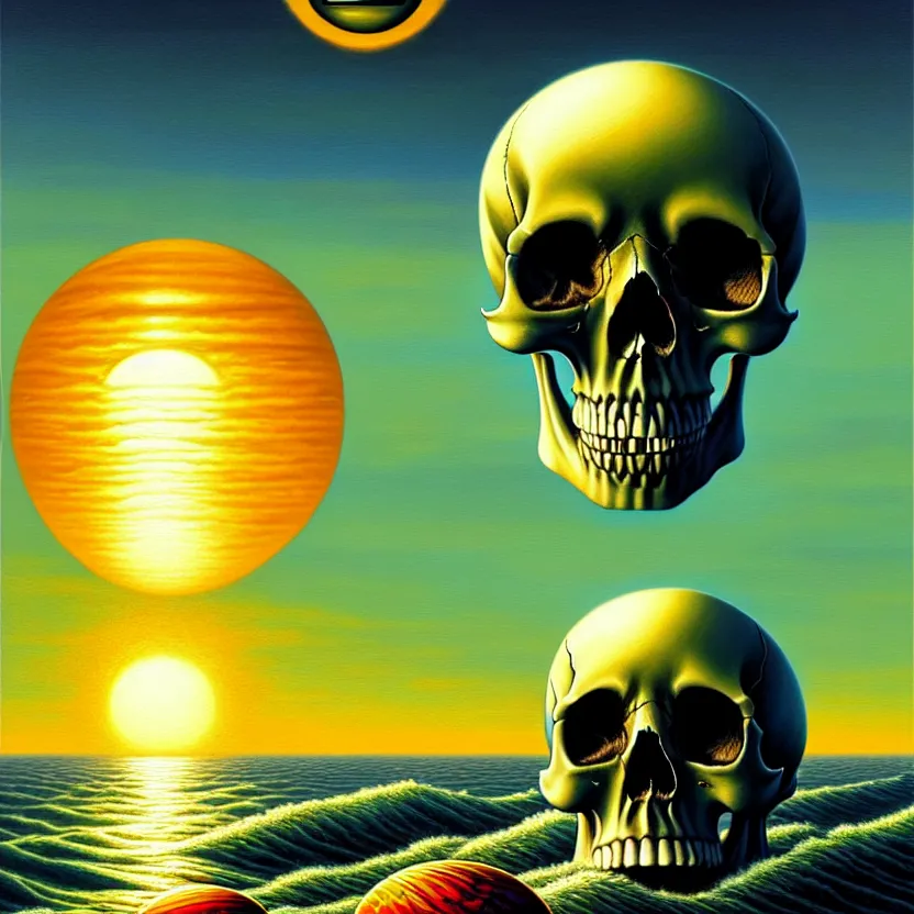 Prompt: a skull that is the sun rising just above the horizona over the sea by dan mumford and vladimir kush and donato giancola and ted withers and peter driben and brom and roberto ferri, green water, highly detailed, high contrast, intricate details, blended palette