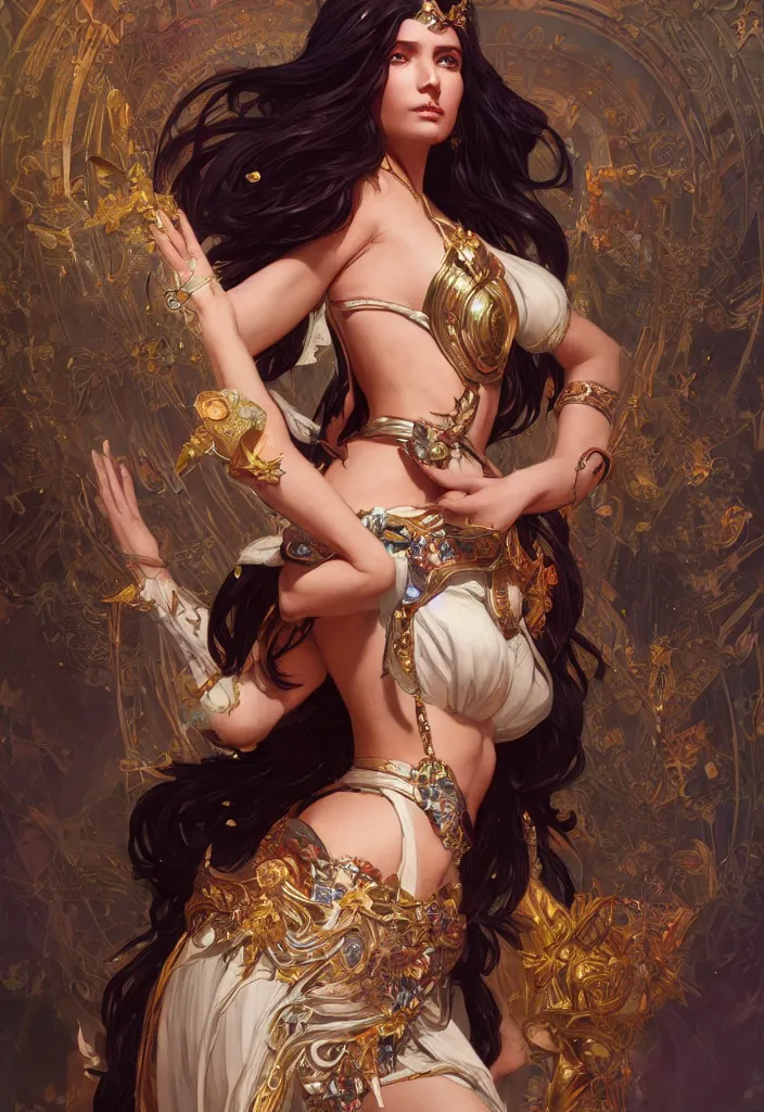 Image similar to goddess ishtar elegant, hyper detailed, ultra definition, photoreal, artstation, unreal engine rendered, concept art, smooth, sharp focus, illustration, art by artgerm and greg rutkowski and alphonse mucha and garis edelweiss