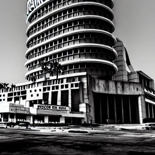 Image similar to Capitol records building in Los Angeles in ruins, apocalypse, black and white, highly detailed, red, hyperrealistic, artstation, future