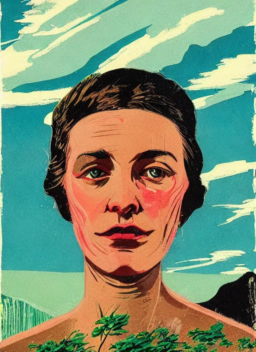 Image similar to an extreme close - up portrait of a sister in a scenic representation of mother nature and the meaning of life by billy childish, thick visible brush strokes, shadowy landscape painting in the background by beal gifford, vintage postcard illustration, minimalist cover art by mitchell hooks