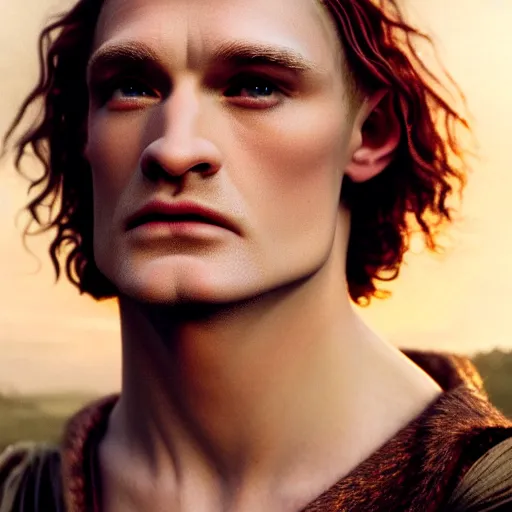 Image similar to photographic portrait of a stunningly beautiful renaissance pre raphaelite king legolas the elf male in soft dreamy light at sunset, contemporary fashion shoot, by edward robert hughes, annie leibovitz and steve mccurry, david lazar, jimmy nelsson, breathtaking, 8 k resolution, extremely detailed, beautiful, establishing shot, artistic, hyperrealistic, beautiful face, octane render